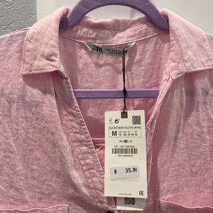 NWT Zara Pink Linen Button Down Blouse. US Sz. Med